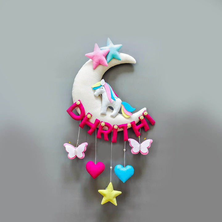 Hand-stitched Unicorn Themed Felt Moon Nameplate