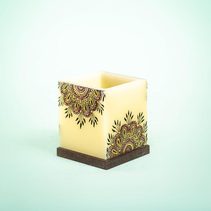 Large Cuboid Hollow Candle with Red Floral Artwork