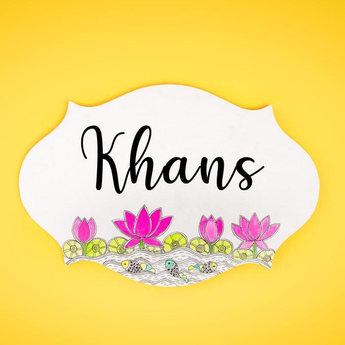 Madhubani Lotus Design Oval Cut Name Plate - Front View Name Personalization Example