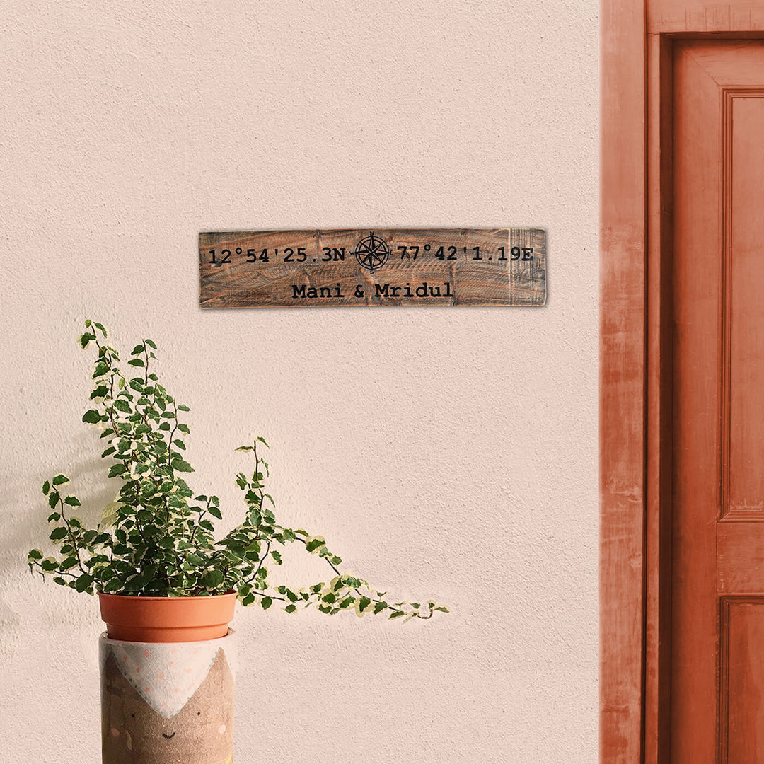 Rustic Wood Hand-painted Couple Nameboard with Co-ordinates