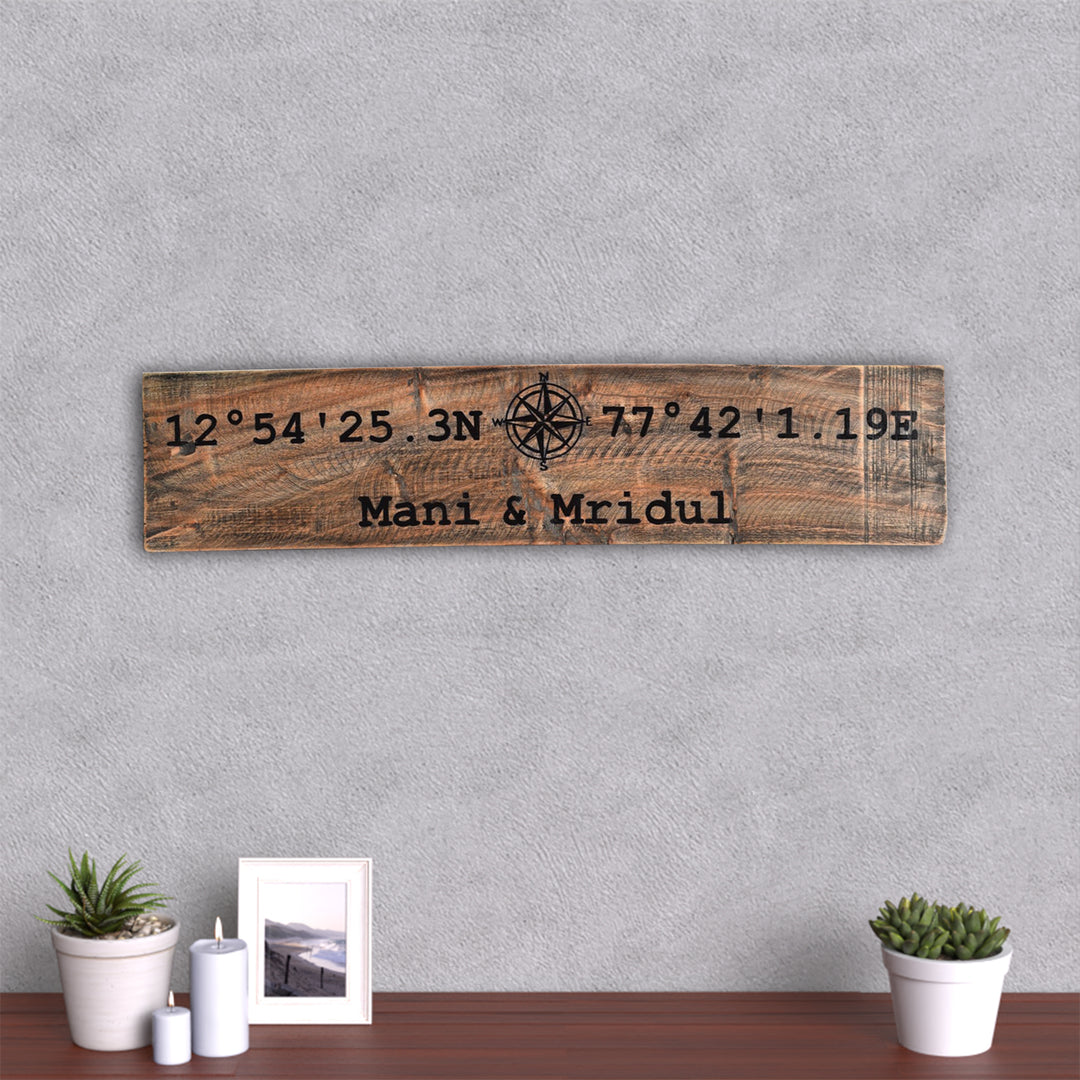 Rustic Wood Hand-painted Couple Nameboard with Co-ordinates