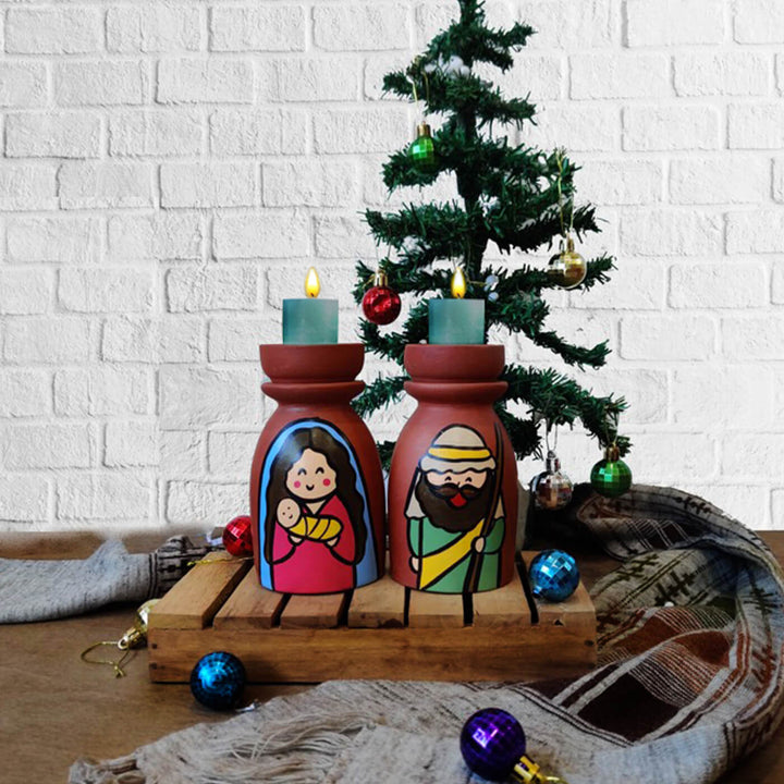 Hand-Painted Mother Mary And Joesph Terracotta Candle Holders For Christmas Decoration | Set Of 2