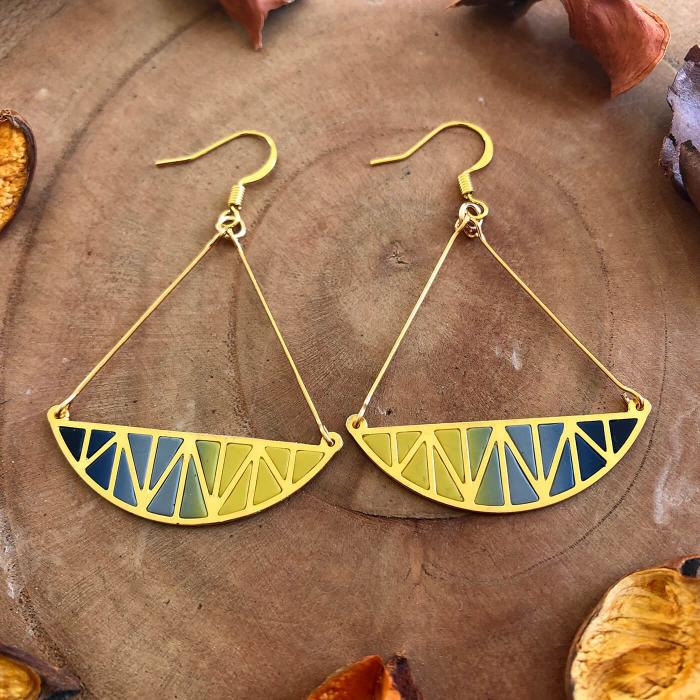 Yellow Grey Crescent Moon Earrings