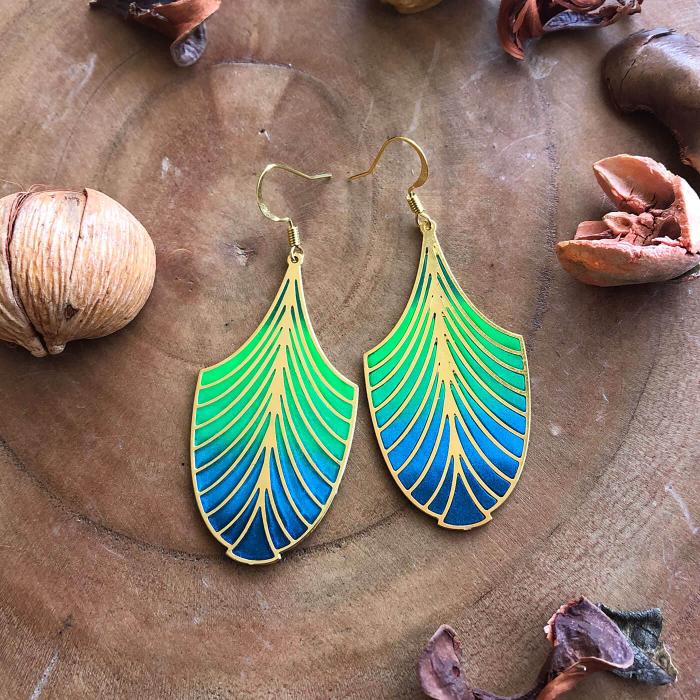 Art Deco Fans Earrings - Green & Blue