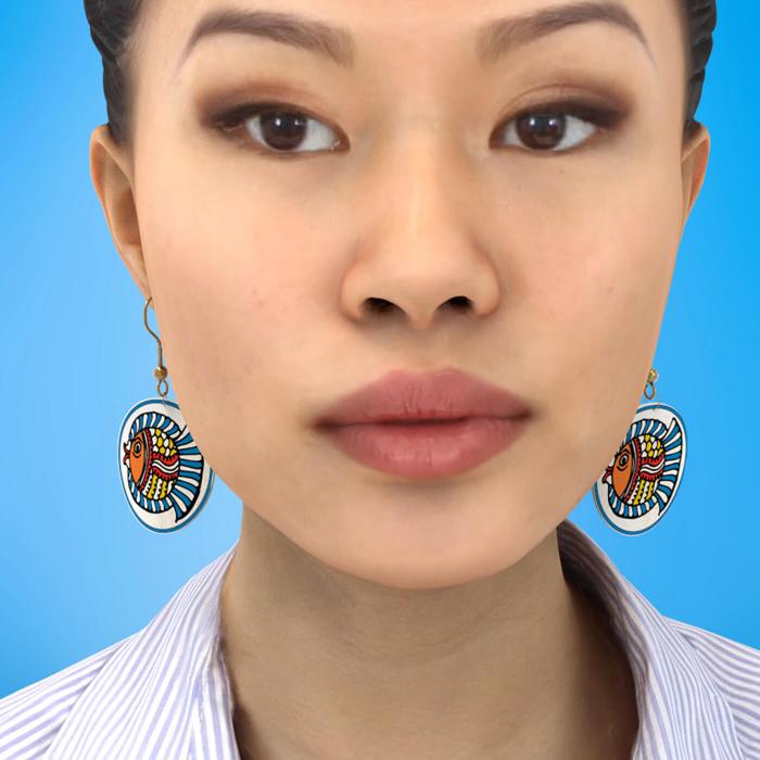 Geometric Fish Leather Circle Earrings in Blue - Zwende