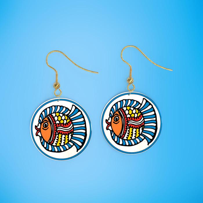 Geometric Fish Leather Circle Earrings in Blue - Zwende