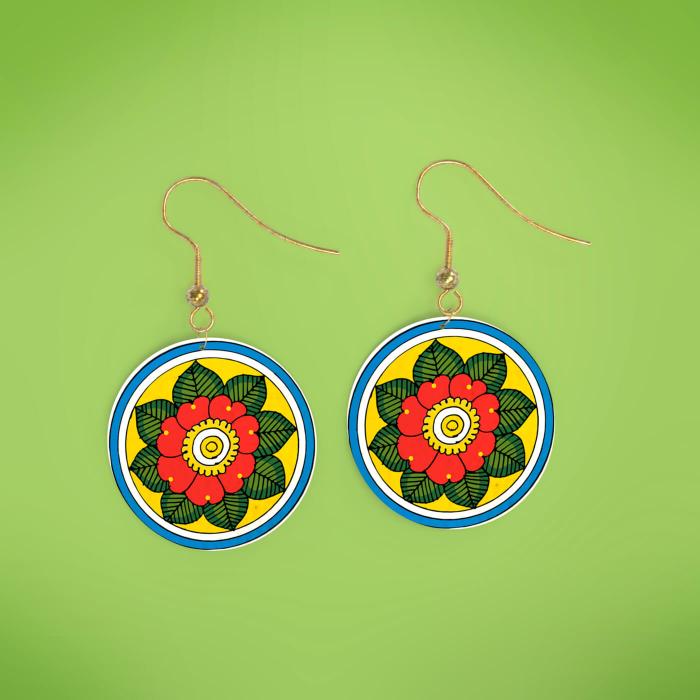 Red & Green Floral Leather Circle Earrings