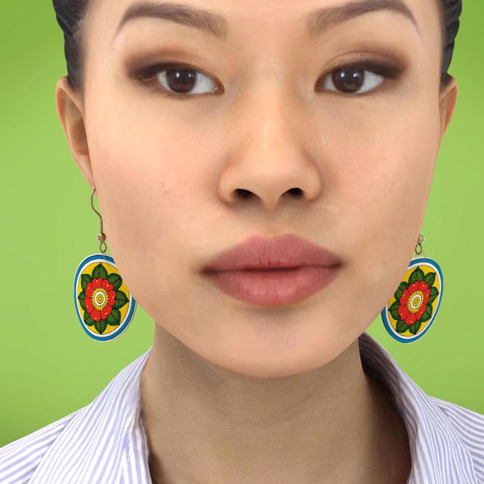 Red & Green Floral Leather Circle Earrings