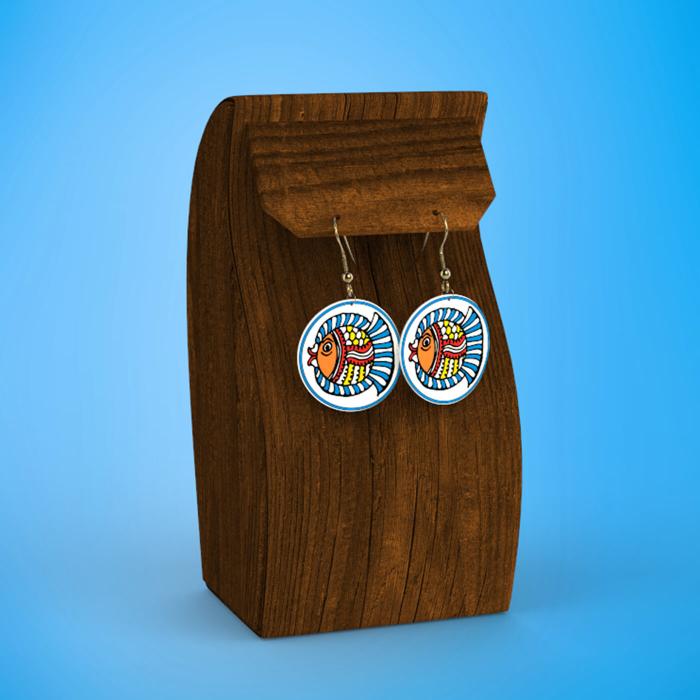 Geometric Fish Leather Circle Earrings in Blue - Zwende