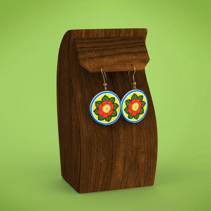 Red & Green Floral Leather Circle Earrings