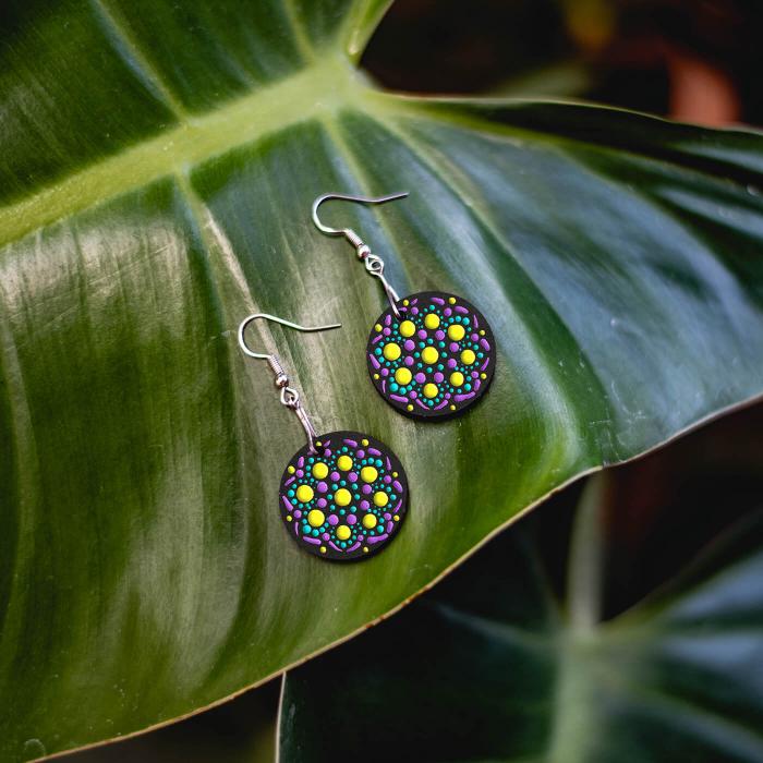 Dot Art Earrings - Yellow and Purple