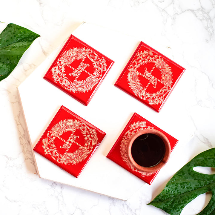 Handpainted Aipan Coasters (Set of 4) - Red