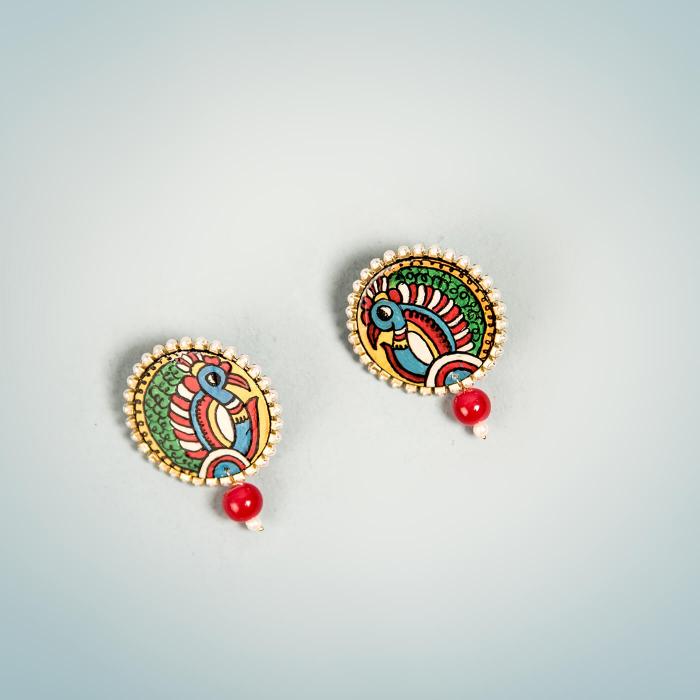 Handpainted Tholu Peacock Studs with Red Beads