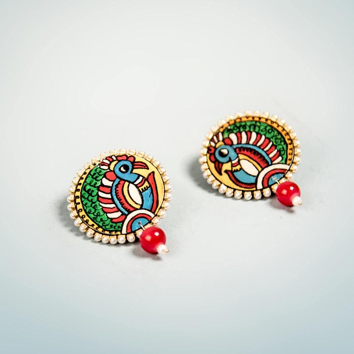 Handpainted Tholu Peacock Studs with Red Beads