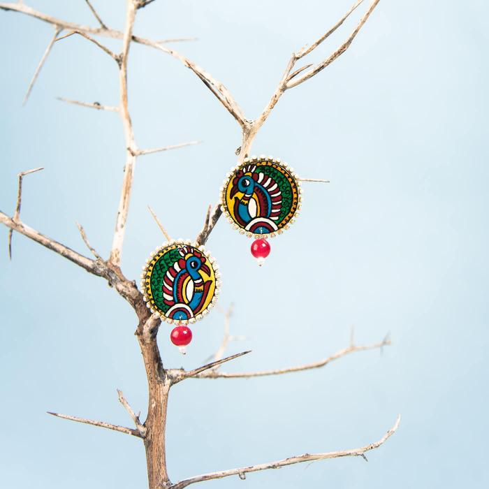 Handpainted Tholu Peacock Studs with Red Beads