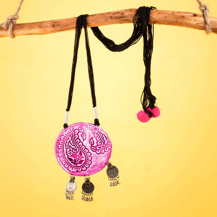 Block-Printed Pink Paisley Necklace