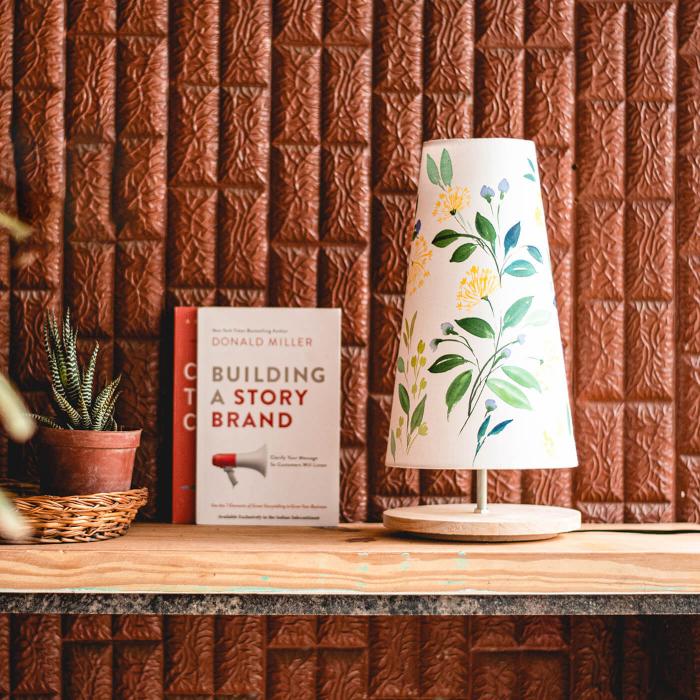 Yellow Floral Lamp on Wooden Base