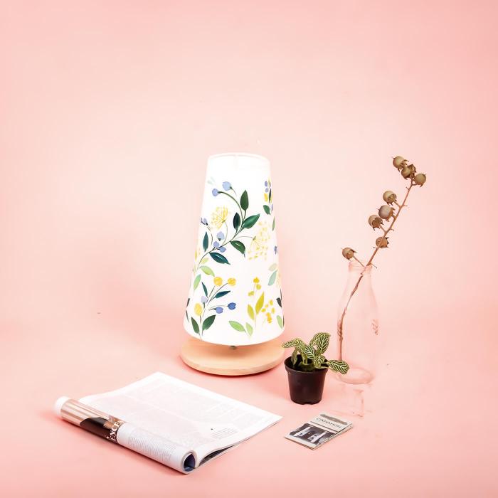Yellow Floral Lamp on Wooden Base
