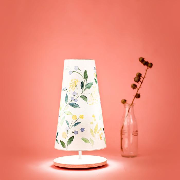 Yellow Floral Lamp on Wooden Base
