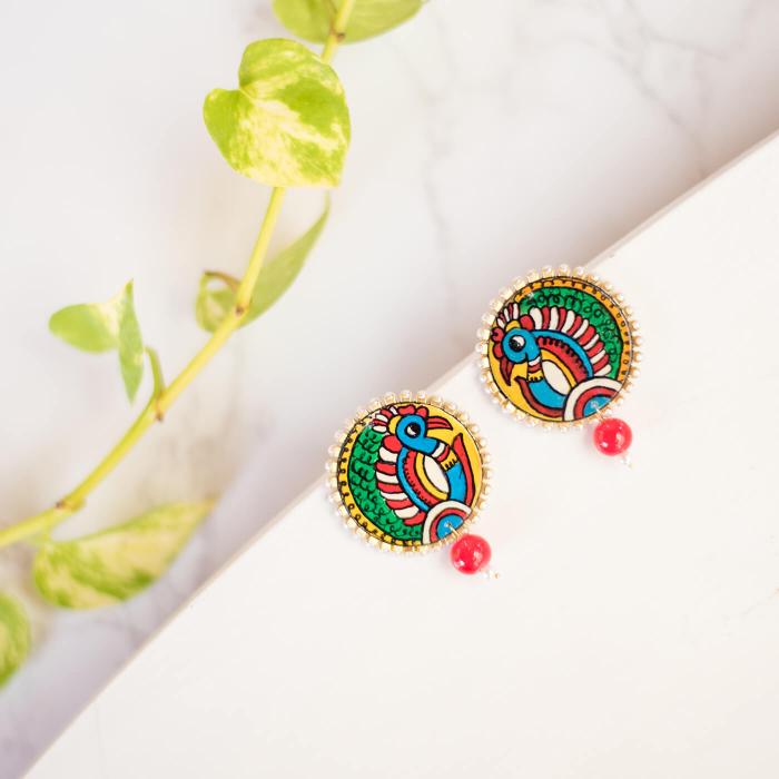 Handpainted Tholu Peacock Studs with Red Beads