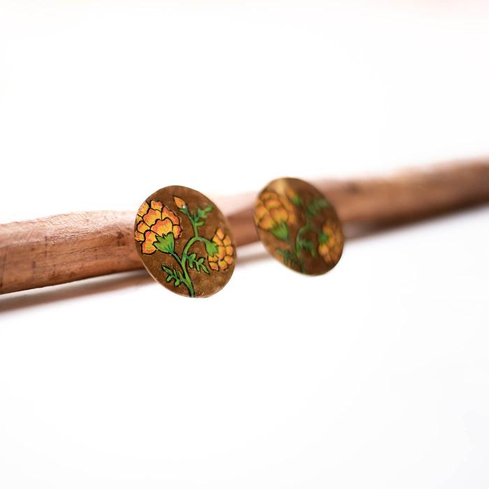 Hand-painted Brass Earrings - Yellow Flowers