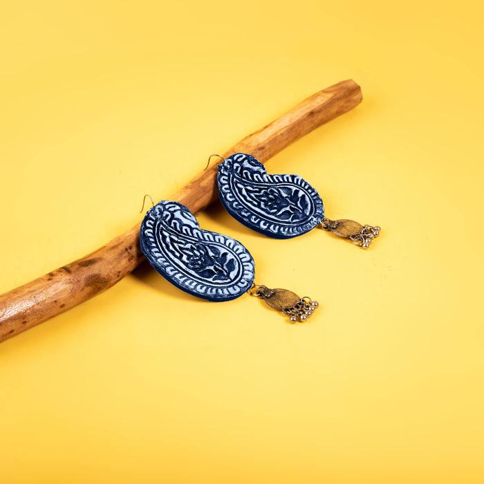 Block-Printed Turquoise Paisley Coin Earrings - Zwende