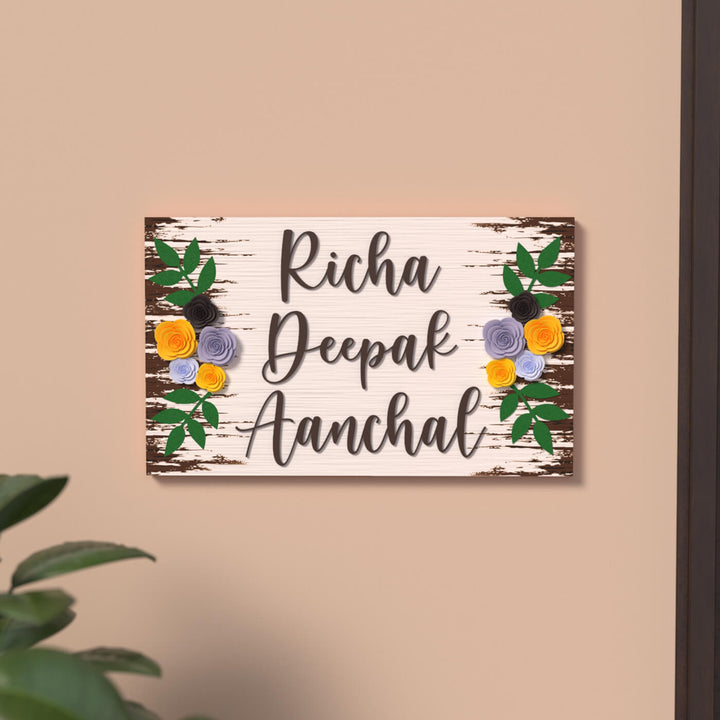 Floral Felt Name Plate Three Names - Mounted on Wall with Personalized Names