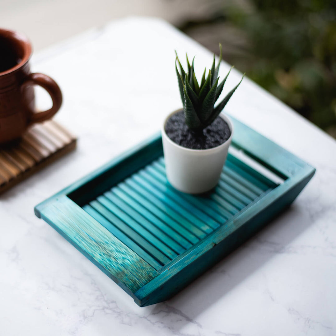 Handcrafted Bamboo Tray - Distressed Teal