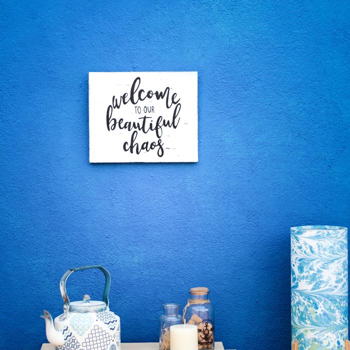 Hand Lettered Signage- Welcome To Our Beautiful Chaos With Watercolor Background