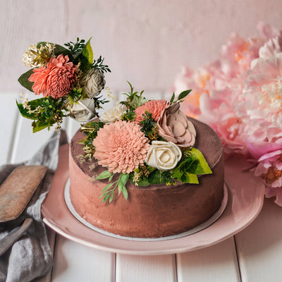 Peach Cake Topper with Sola Wood Floral Arrangement