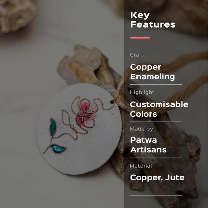 Copper Enamel Pendant - Circle - White Rose