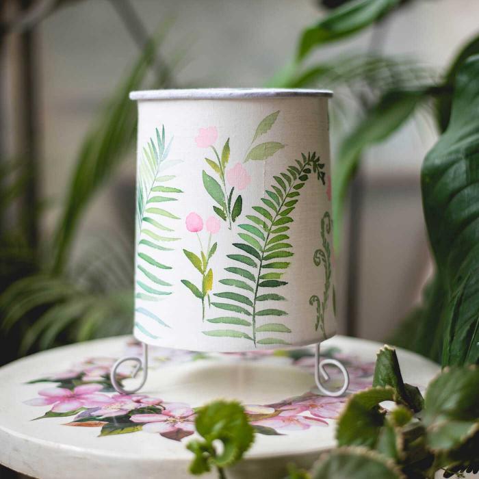 Pink and Green Floral Hand-painted Cylindrical Lamp