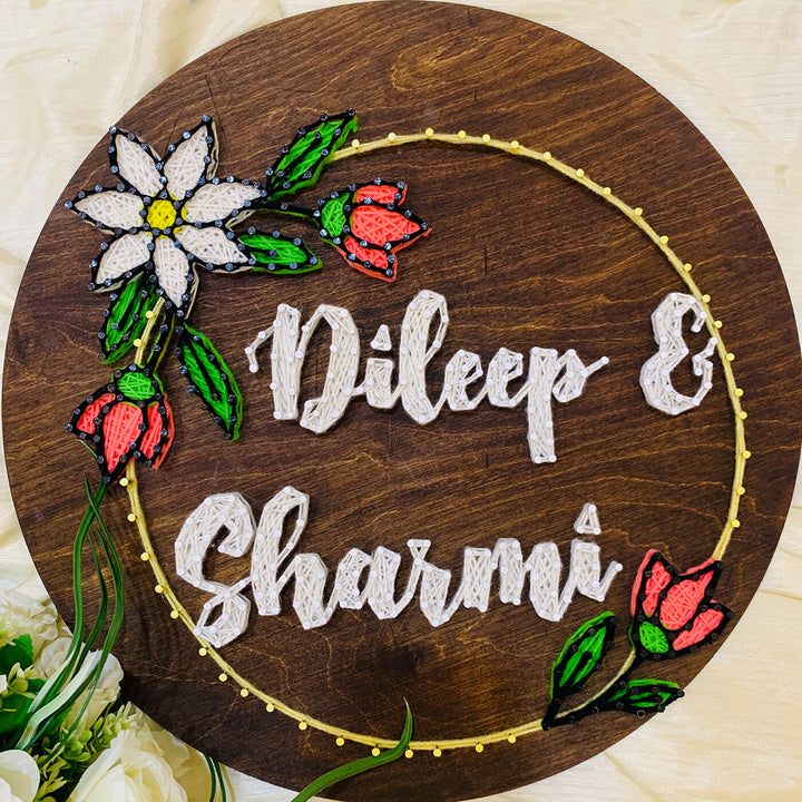 Floral String Art Name Plate Couple Names - Front View Showing String Art Detail