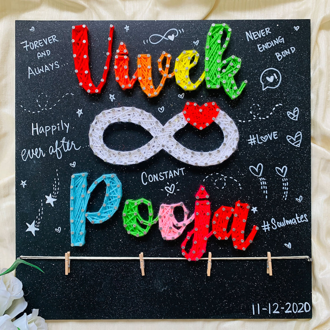 Couples String Art Name Plate Infinity Love 1 - Front View with Decorative Background