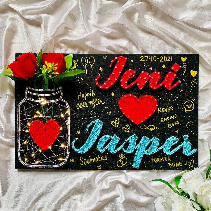 String Art Mason Jar Nameplate for Couples - Red & Blue