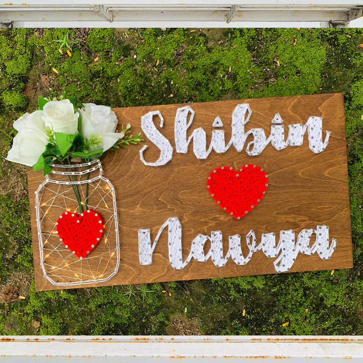 String Art Mason Jar Name Plate For Couples White Red - Top View with Floral Decoration
