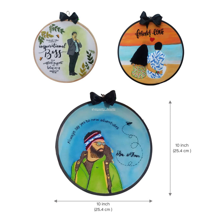 Hand Embroidered Personalised Portrait Hoop Wall Hanging With Message & Photo Based Character