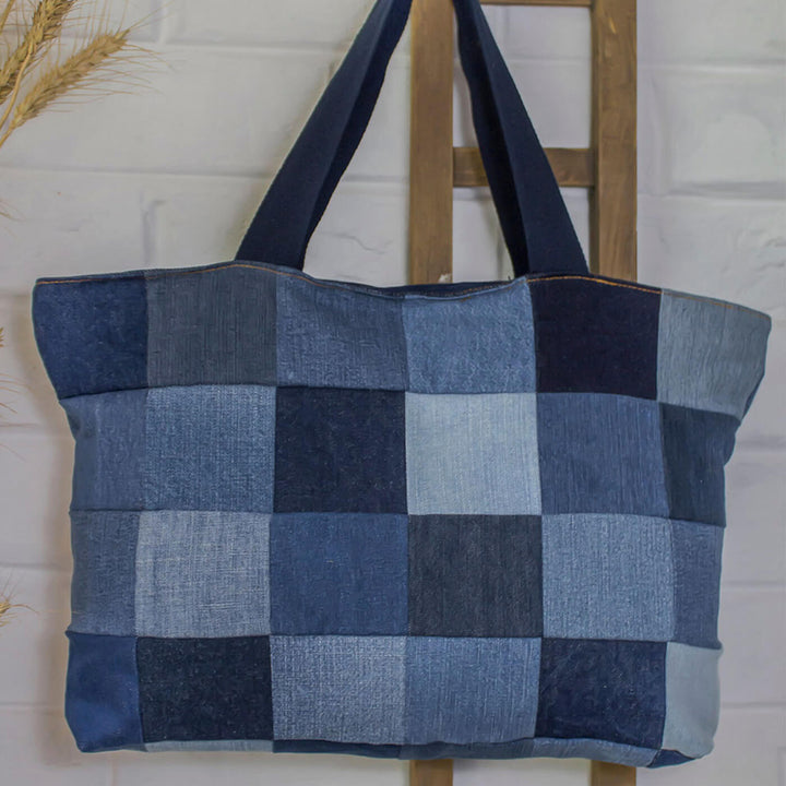 Upcycled Denim Checks Tote Bag