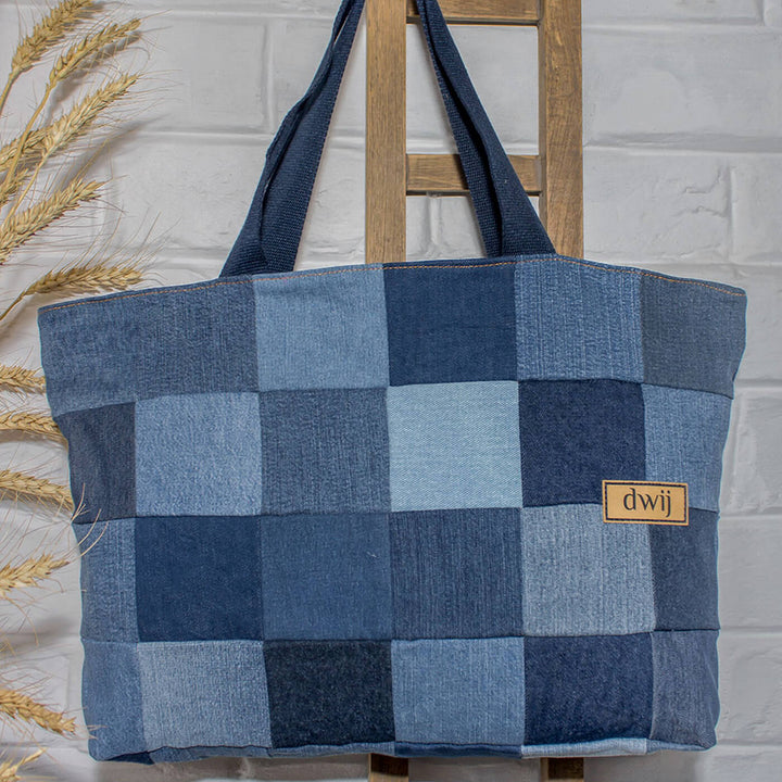 Upcycled Denim Checks Tote Bag