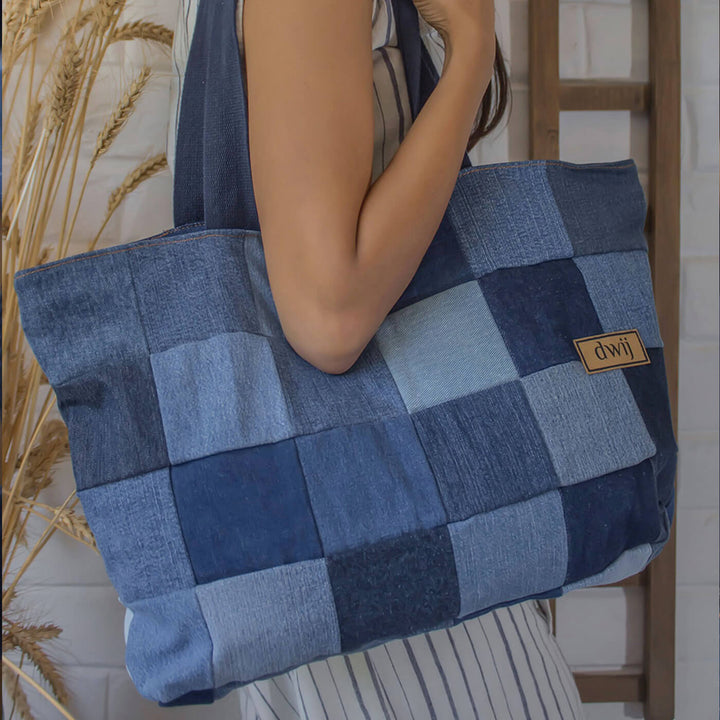 Upcycled Denim Checks Tote Bag