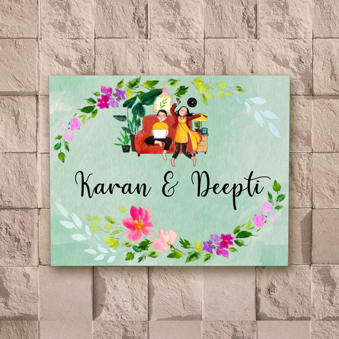 Rectangle Hand Painted Character Name Plate Couple - Mounted on Textured Wall Background