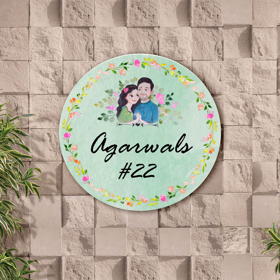 Handpainted Character Name Plate Couple Name With House Number - Front View Mounted on Wall