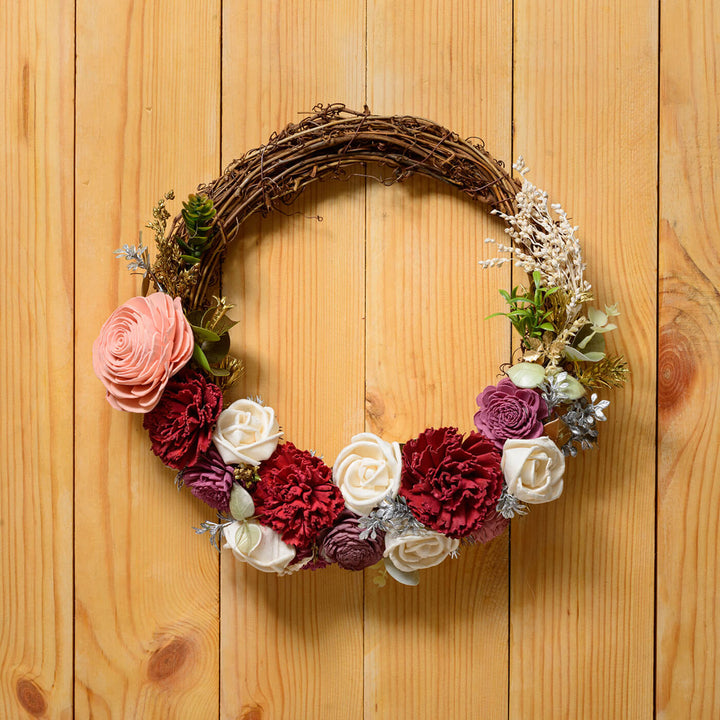 Red & Burgundy Grapevine and Solawood Flowers Wreath
