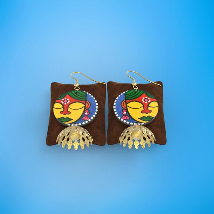 Wooden Round Jhumkas with Yellow & Red Artwork