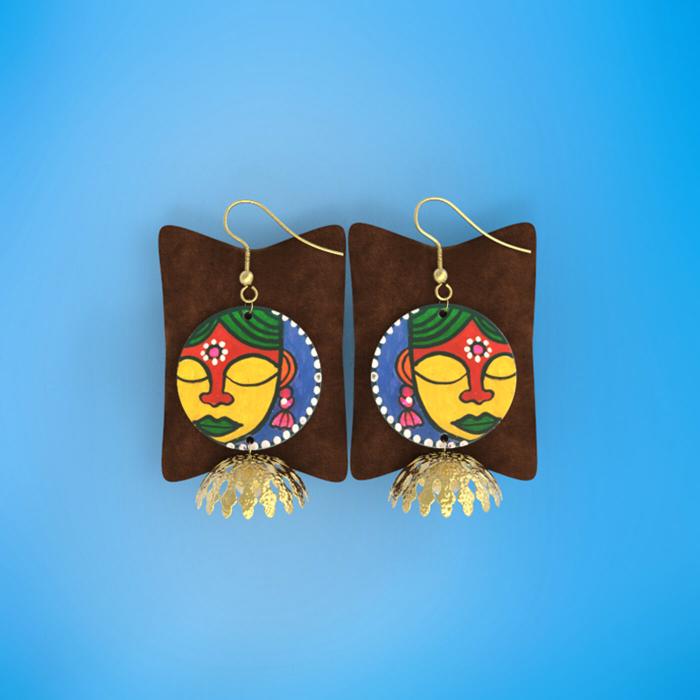 Wooden Round Jhumkas with Yellow & Red Artwork