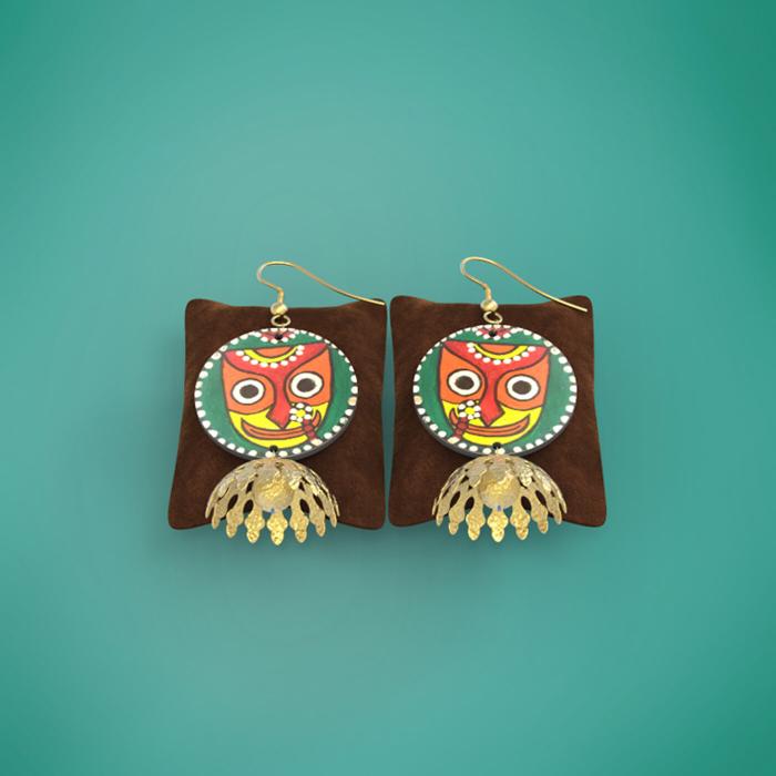Wooden Round Jhumka with Red & Yellow Artwork