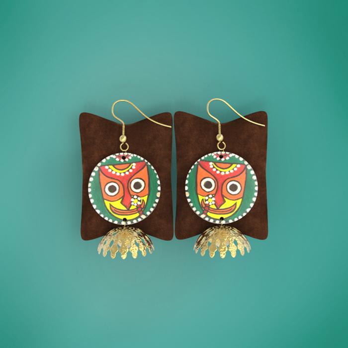 Wooden Round Jhumka with Red & Yellow Artwork