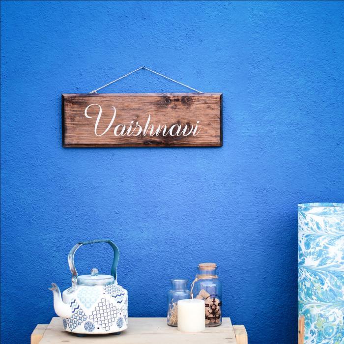 Small Horizontal Rectangle Name Plate Single Name - Hanging on Blue Textured Wall