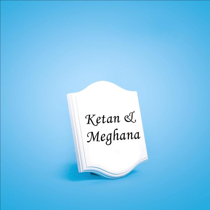 White Small Vertical Curved Name Plate Couple Name - Name Personalization Example Front View