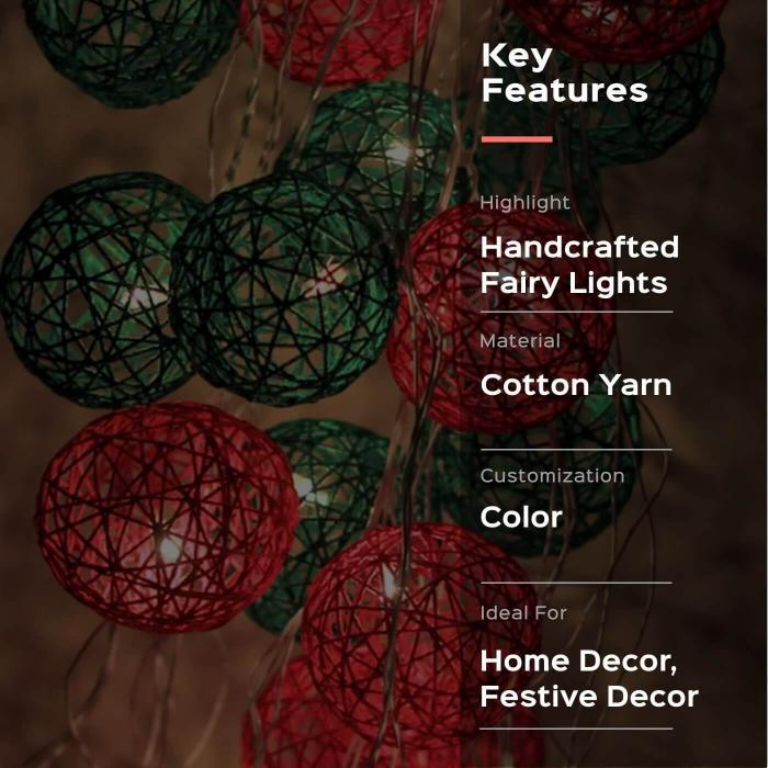 Handcrafted Yarn Spherical Fairy Lights - Red & Green